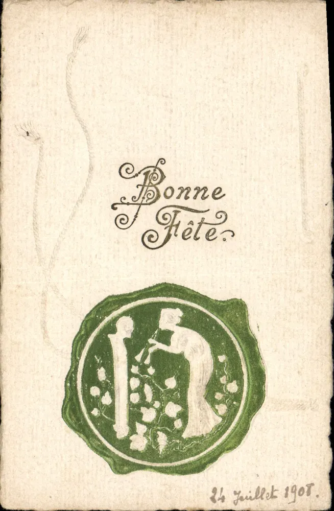 Gute Feier — 24. Juli 1907 — Ansichtskarte mit grünem Poststempel - Vorderseite