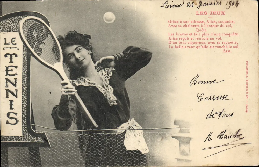 Frau, die Tennis spielt — Spiel Szene — Phototypie A. Bouguet & Cie, Nancy - Vorderseite