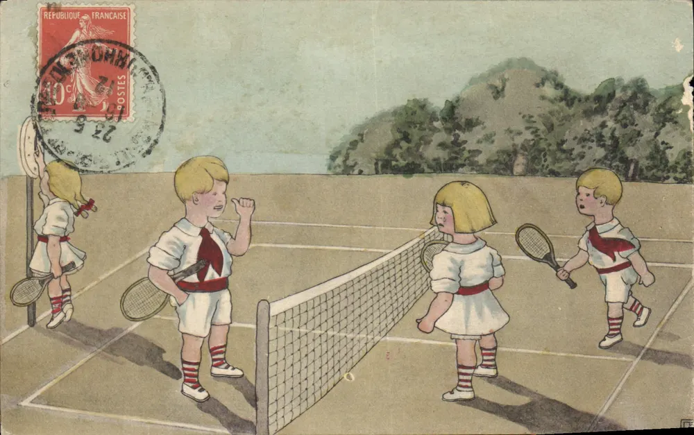 Enfants jouant au tennis — scène d'extérieur — éditeur H. H. I. W. Nr. 748 - Frente