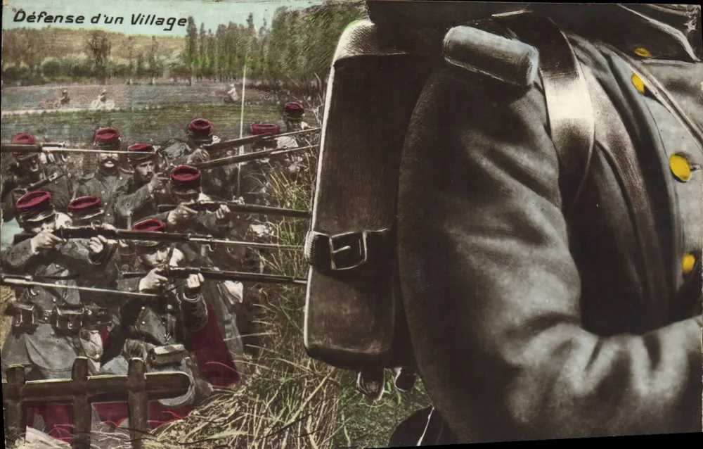 Défense d'un Village — scène de combat avec soldats en tenue de 1870-1914 — éditeur non visible - Vorderseite
