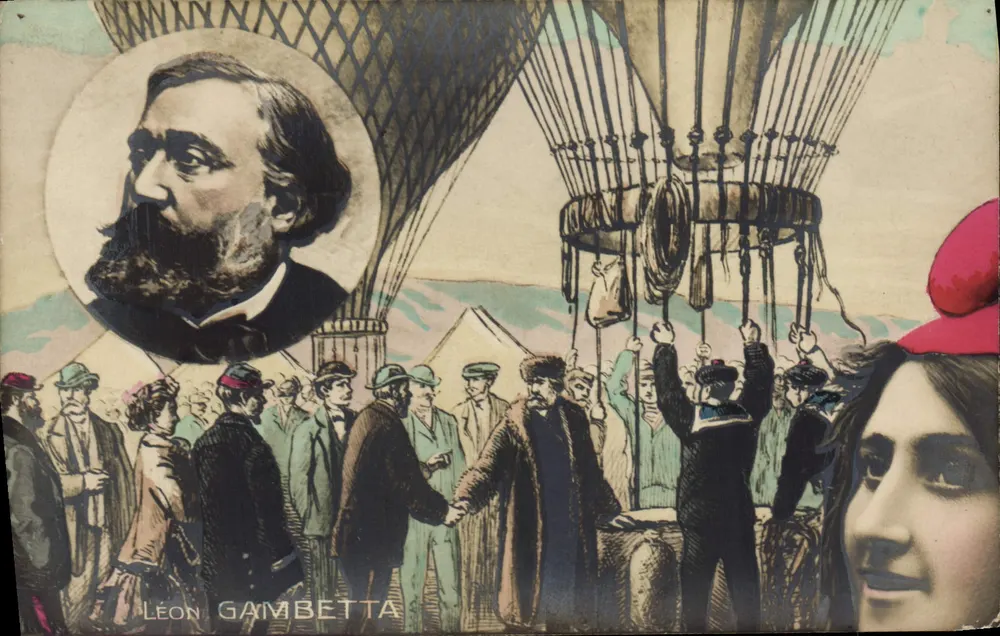 Léon Gambetta — portrait en médaillon au-dessus d'une scène de décollage de ballon à air chaud — éditeur CH. FONTANE, n°6 - Frente