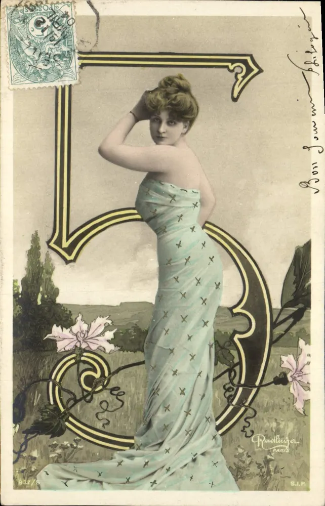 Frau in blauer Robe — Art nouveau Dekor — Verlag R. Roullauger, Paris, Nr. 937/5 - Vorderseite