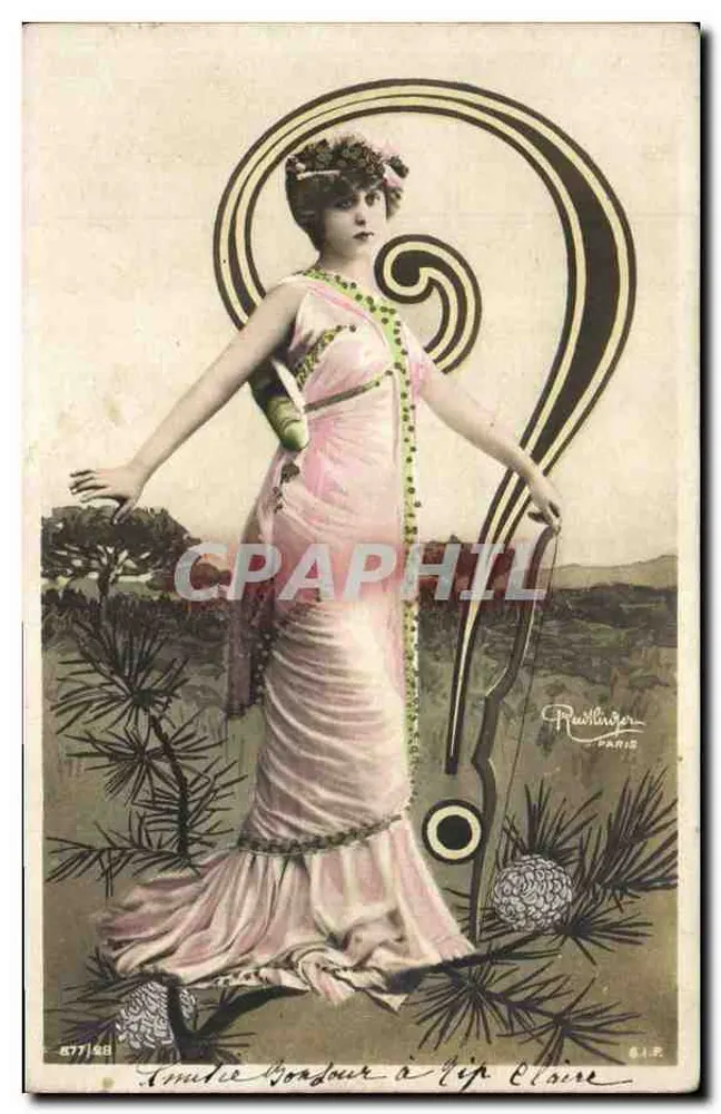 Frau in einem rosa Kleid — Tannendekor und Spirale — Verlag P. Reuillinger, Paris, n° 877/48 - Vorderseite