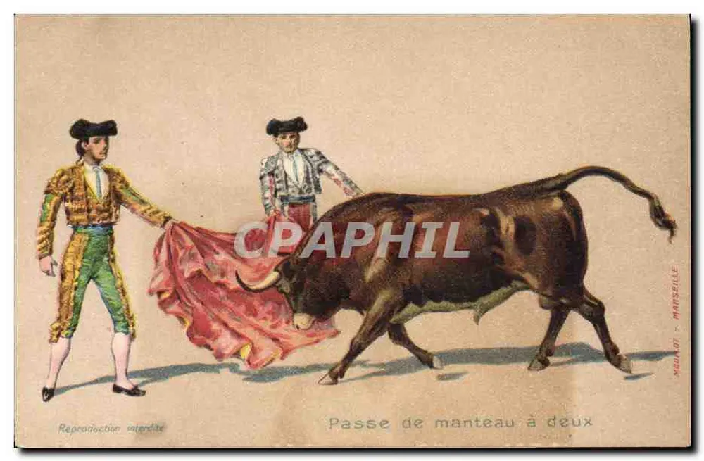 Passe de manteau à deux — scène de tauromachie — éditeur Nouault, Marseille - Vorderseite