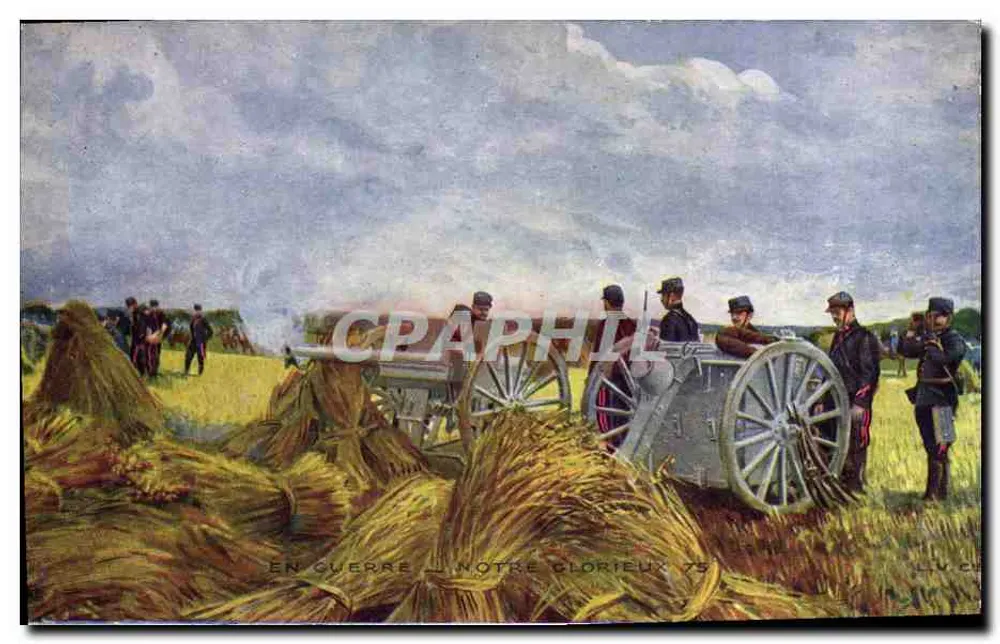 Soldados franceses com canhão — Em guerra — Nosso glorioso 75 — Editor L.V. Cé — n° 75 - Frente