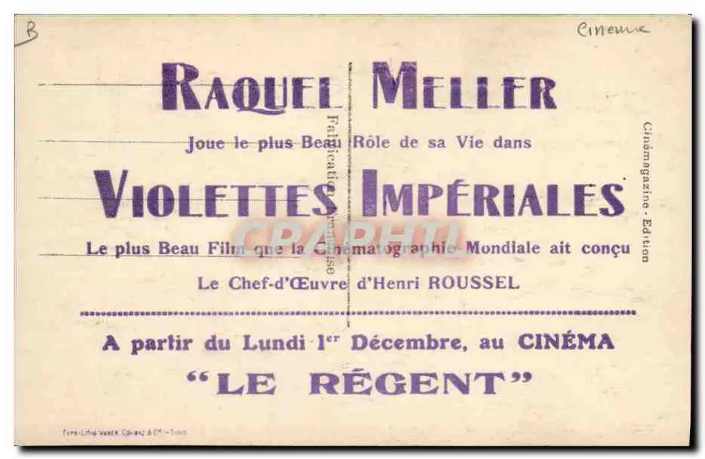 Imperial Violets — Raquel Meller — Kino Le Régent - Rückseite