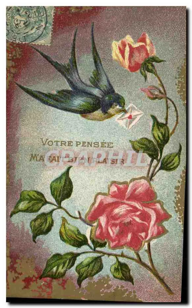 Pássaro e rosa — Sua lembrança me alegra muito — União Postal Universal - Frente