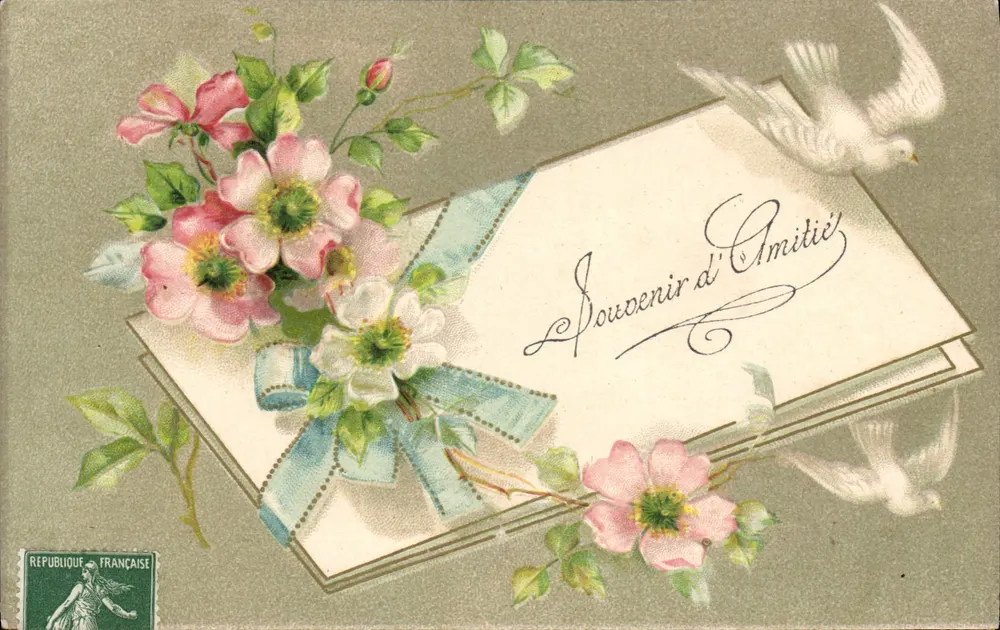 Ricordo di Amicizia — cartolina illustrata con fiori e colomba — editore non visibile - Recto
