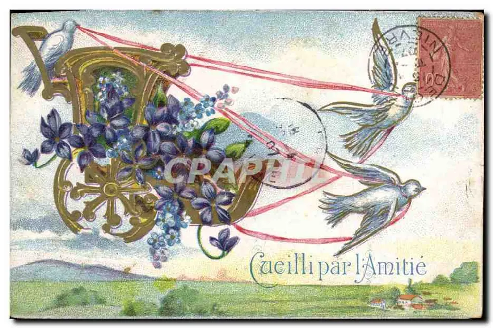 Colecionado pela Amizade — Carta postal ilustrada com carrinho decorado com flores e pássaros, editor não visível - Frente