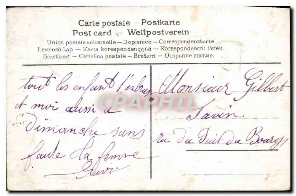 Colecionado pela Amizade — Carta postal ilustrada com carrinho decorado com flores e pássaros, editor não visível - Verso