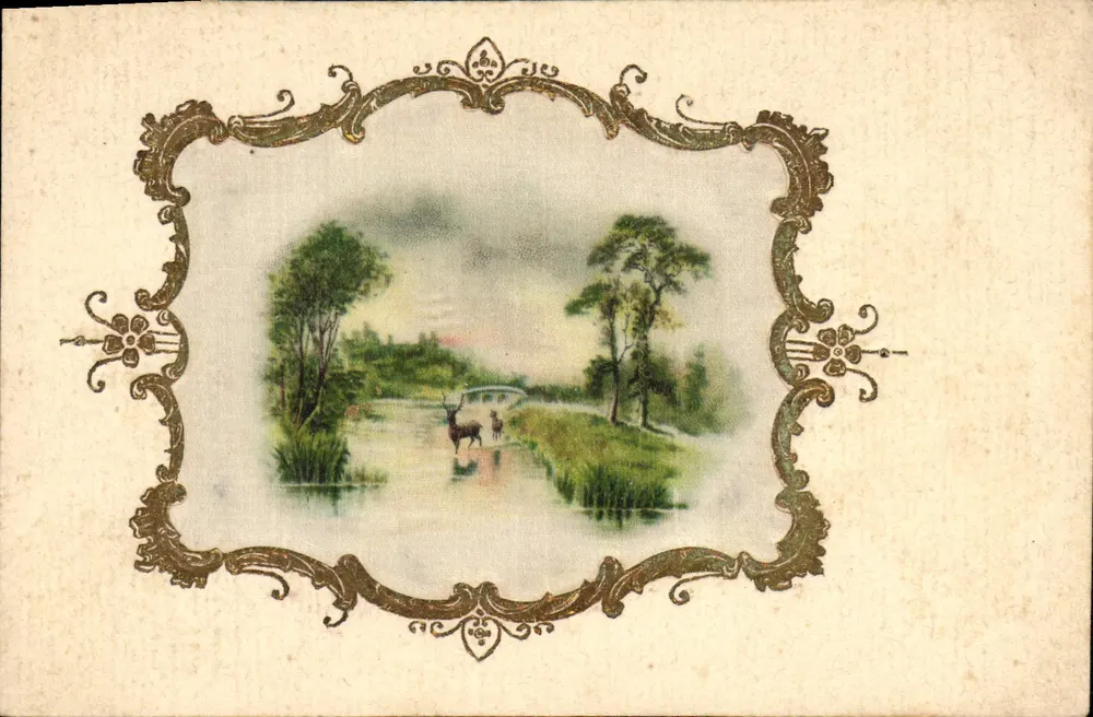 Zwei Hirsche in einem Landschaftsbild — kunstvoller Rahmen — Universal-Postkarte - Vorderseite