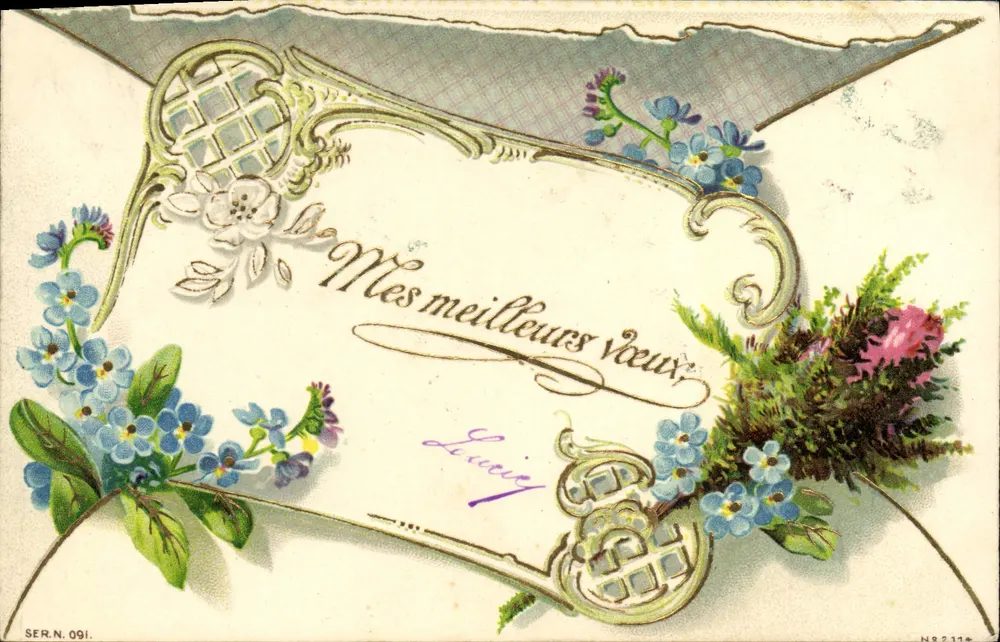 Carte postale decorativa — flores e texto — Lucisy, série N° 091 - Frente