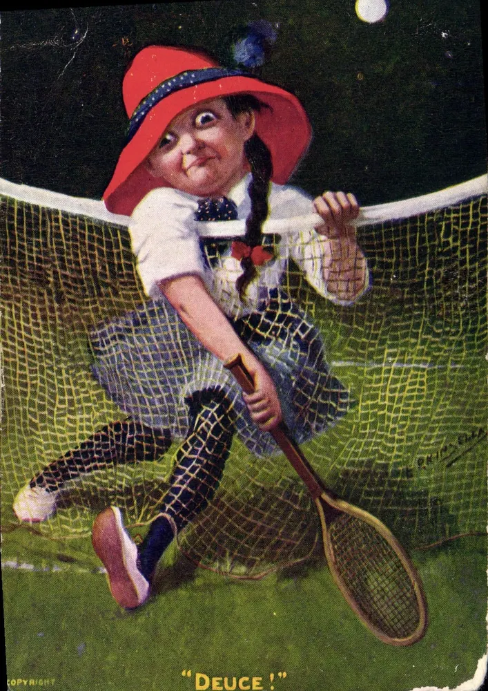 Fille jouant au tennis de nuit — scène nocturne avec lune — éditeur Laskin & Co. Ltd. (imprimé sur la carte) - Frente