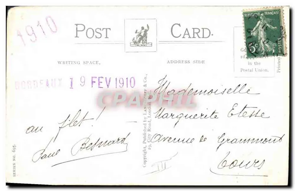 Fille jouant au tennis de nuit — scène nocturne avec lune — éditeur Laskin & Co. Ltd. (imprimé sur la carte) - Verso
