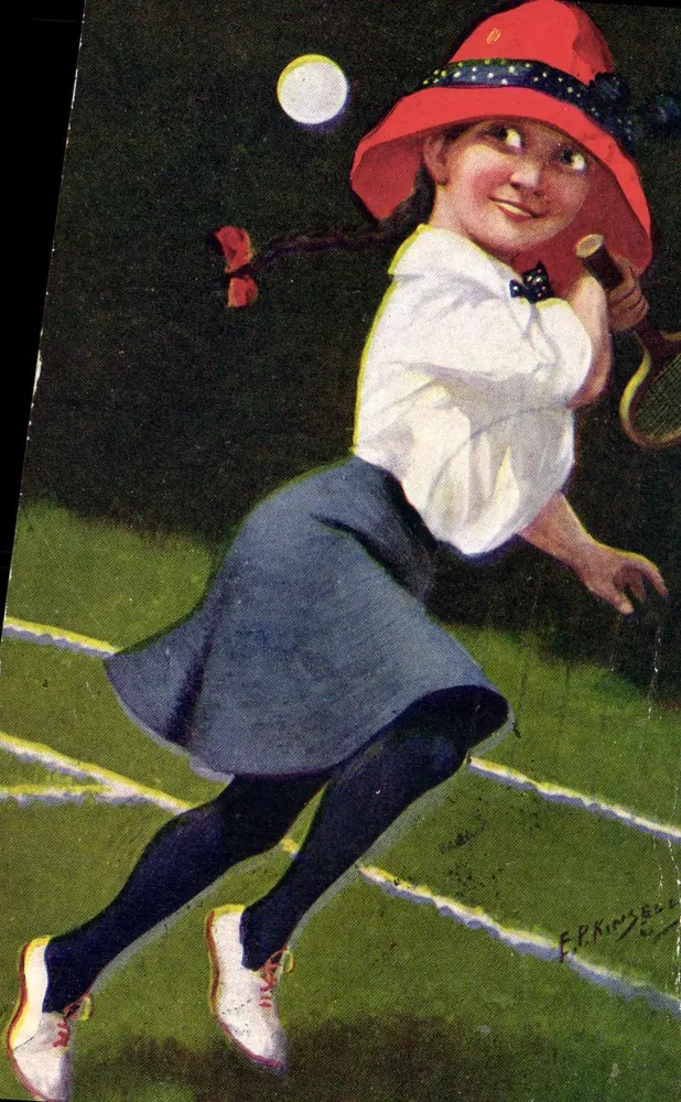 Bambina che gioca a tennis di notte — illustrazione di F. P. Kinzinger — editore non visibile - Recto