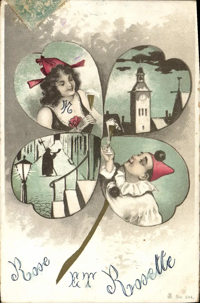 Rose e Rosette — cena de carnaval com torre da igreja e palhaço — editor No. 644 - Frente