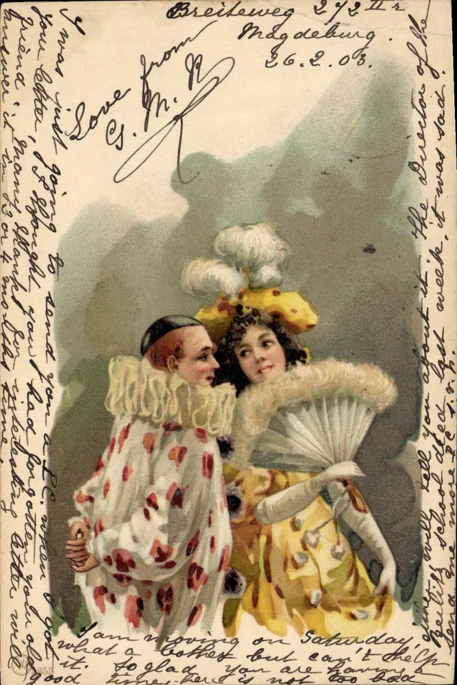 Deux personnages en costume de carnaval — scène d'illustration — éditeur 'Postkarte. Carte postale.' - Frente
