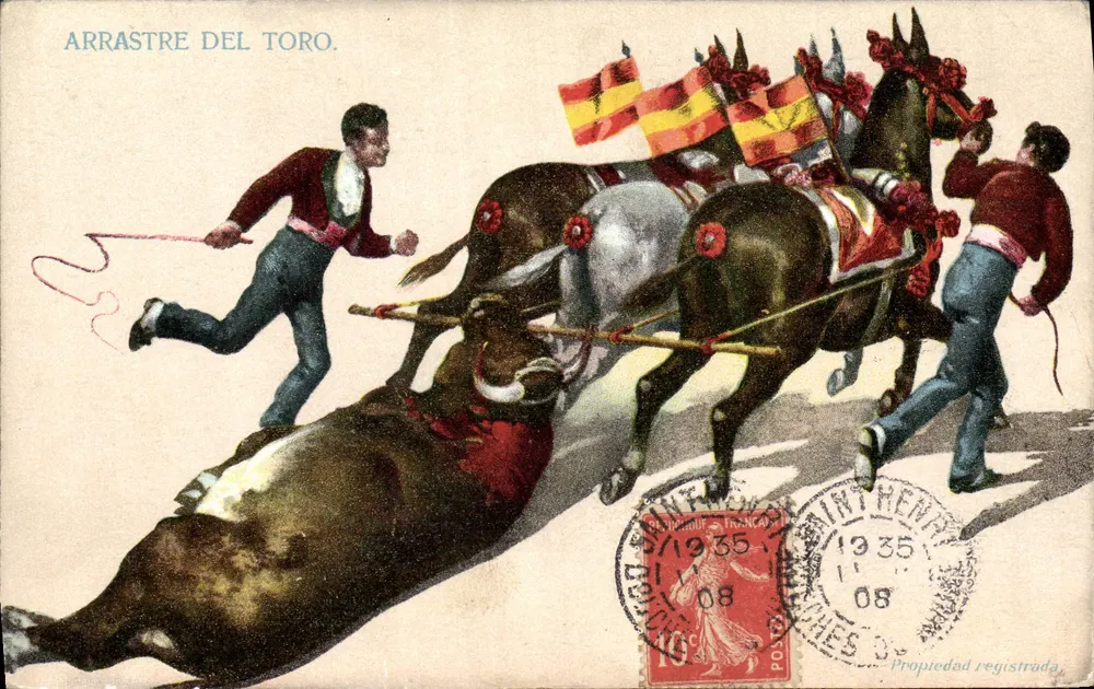Arrastre del Toro — espetáculo equestre com bandeiras espanholas — editor Henry, número de série não visível - Frente