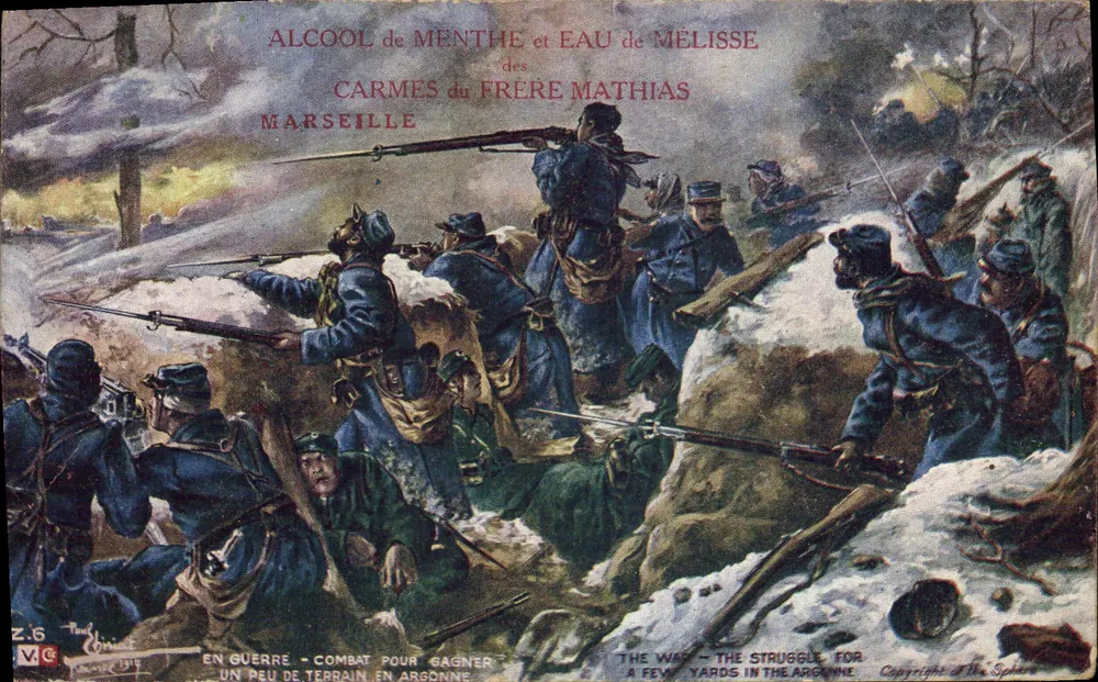 Kampf, um etwas Boden in der Argonne zu gewinnen — Pfefferminzspirituose und Melissenwasser der Carmeliten des Bruders Matthias, Marseille - Vorderseite