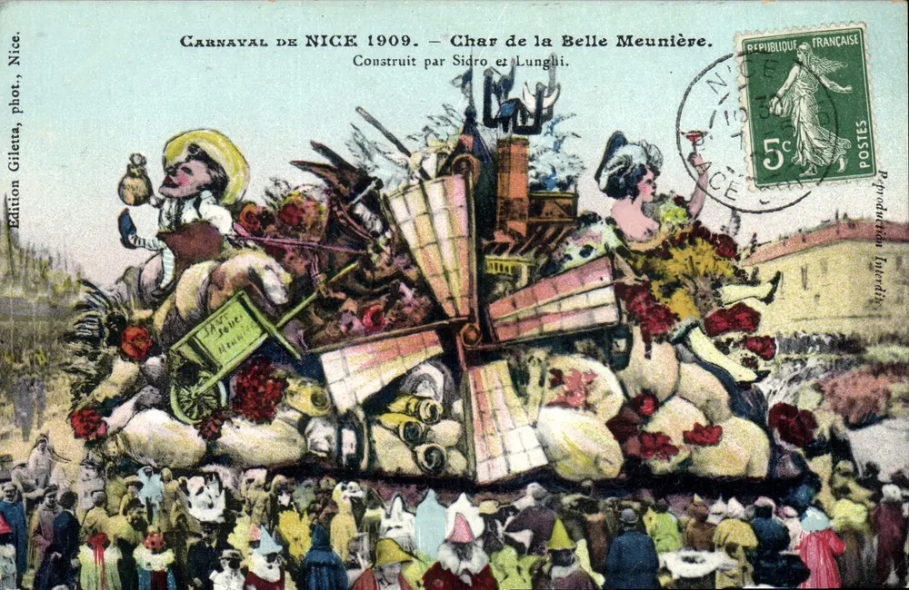 Karneval von Nice 1909 — Der Wagen der Belle Meunière — Von Sidro und Lunghi gebaut — Giletta Edition, Nice - Vorderseite