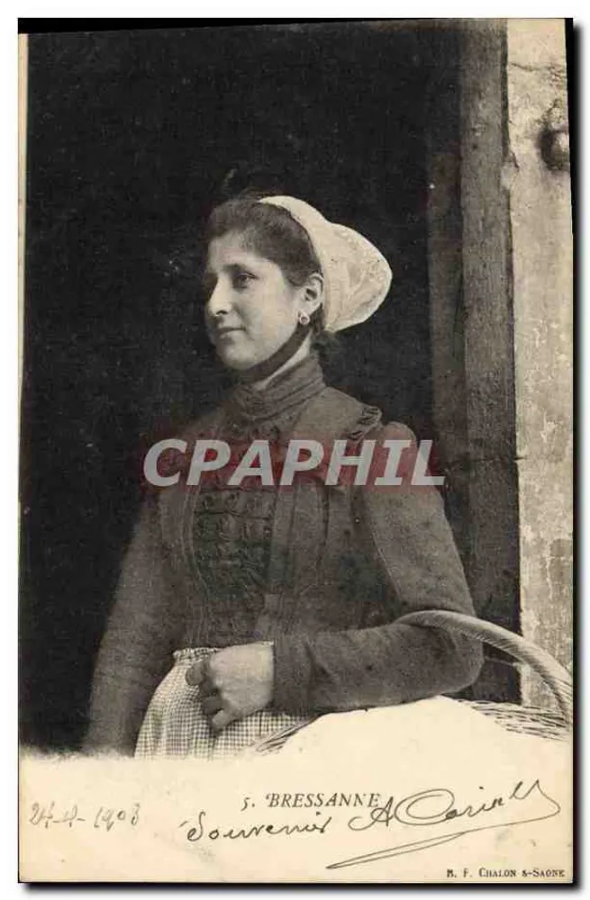 Mulher em traje local em Bressanne — Recordações de Bressanne — R. F. Chalon-Saône, n°5 - Frente
