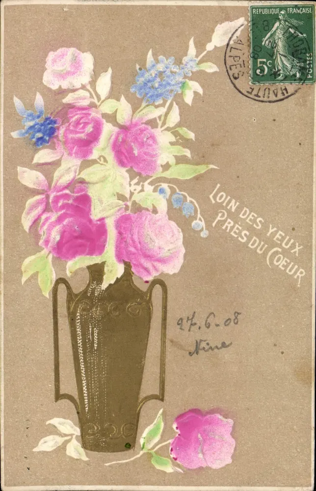 Arranjo de rosas e flores azuis — Longe dos olhos perto do coração — editor desconhecido, número de série não visível - Frente