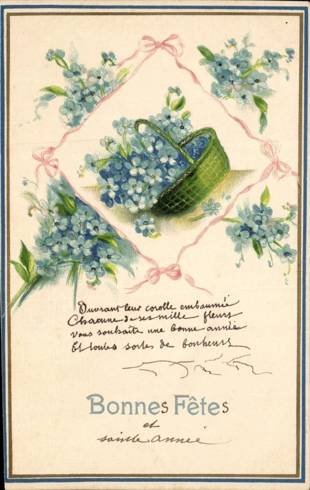 Arranjo de flores azuis — Boas Festas e feliz ano — União Postal Universal - Frente