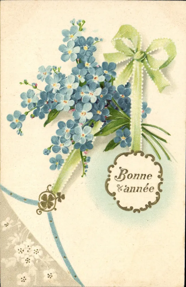 Arranjo de flores azuis — Bom ano — Carta postal. União Postal Universal. - Frente