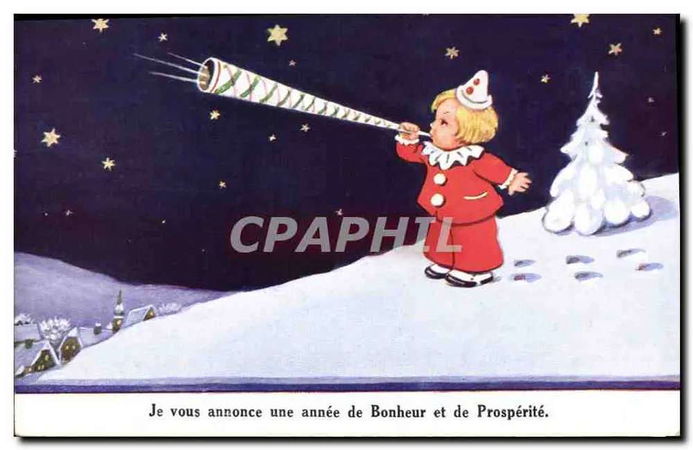 Kind im Weihnachtskostüm — zieht ein Feuerwerksgeschütz — Grußtext - Vorderseite