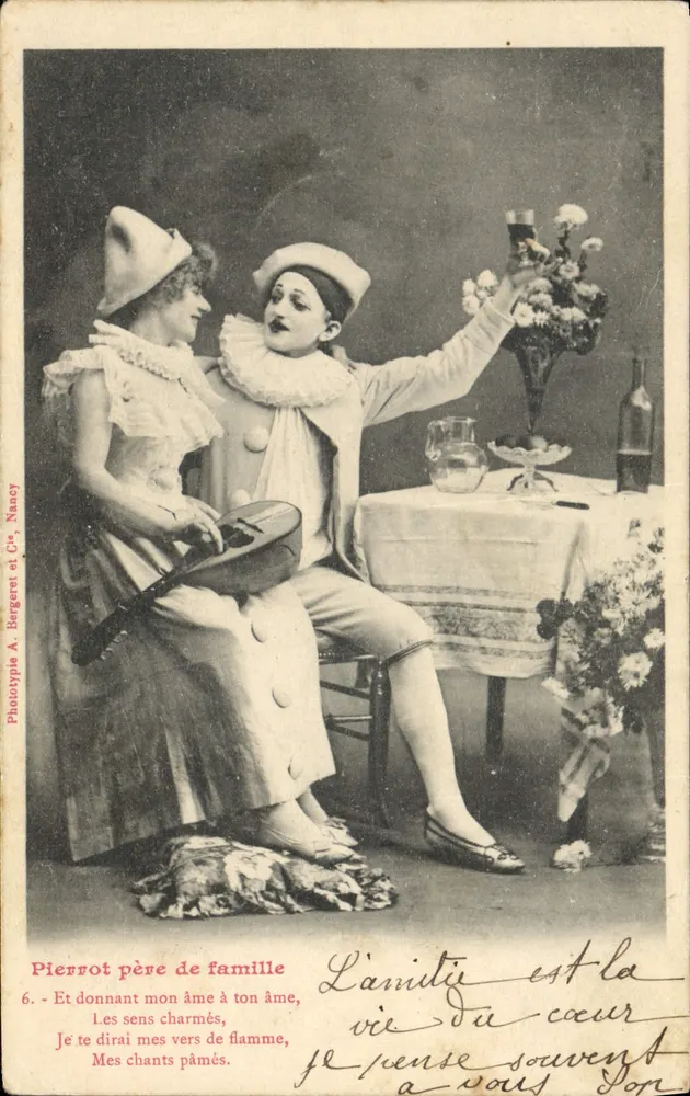 Pierrot Vater der Familie — Szene der amourösen Hingabe — Phototypie A. Bergeret et Cie, Nancy, n°6 - Vorderseite