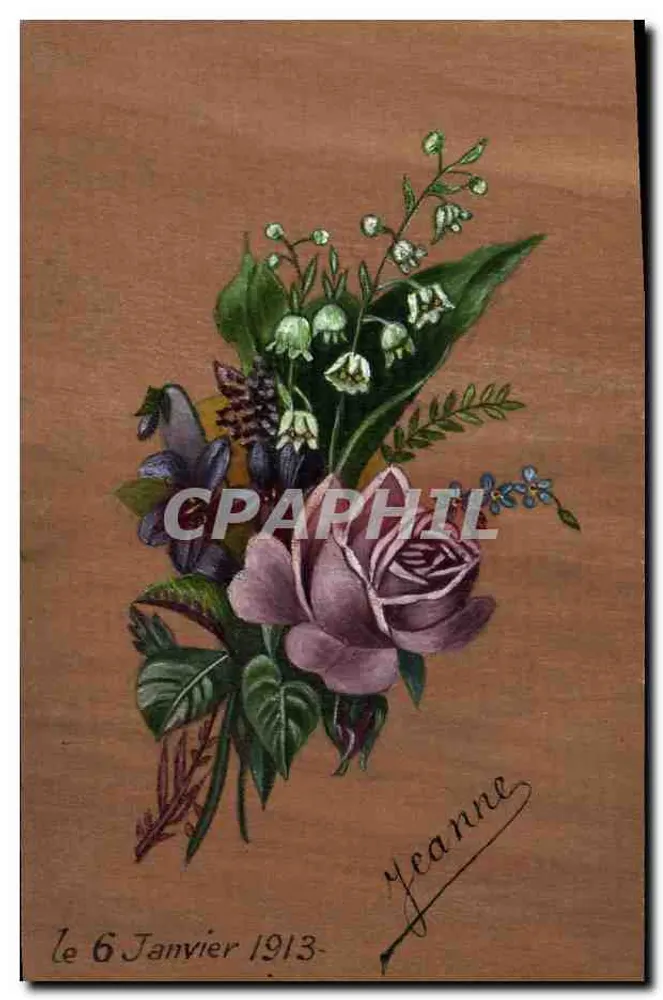 Arranjo de flores — desenho a tinta e aquarela — assinado 'Yeanne' — datado 6 de janeiro de 1913 - Frente