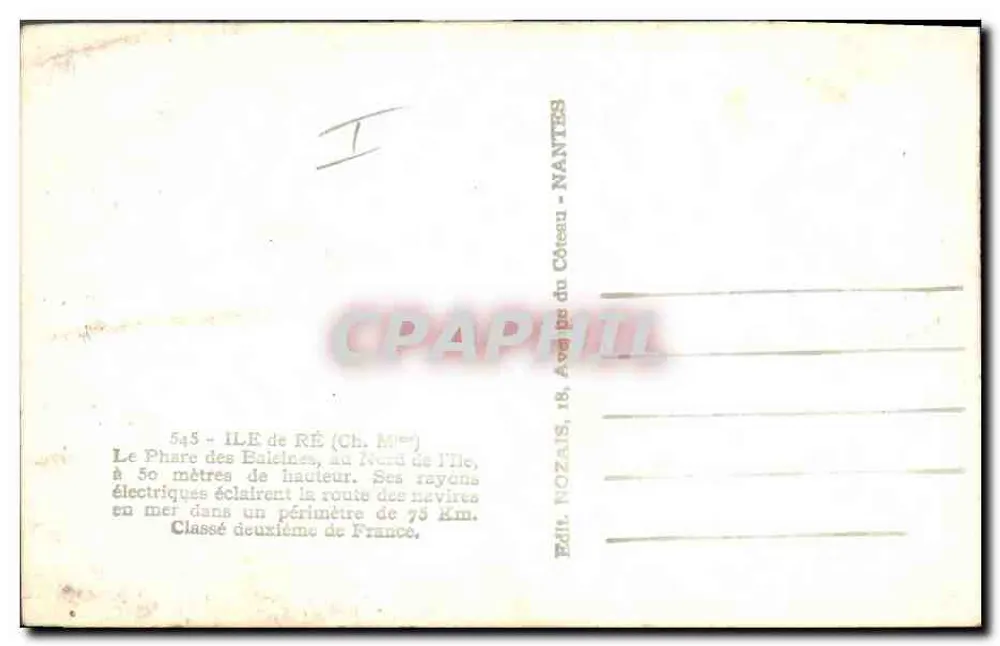 Farol das Baleias — Ilha de Ré (Ch. M°) — Éd. NOZAIS, 18, Avenida do Coteau - NANTES - Verso