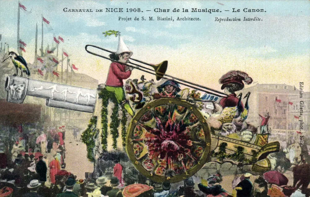 Carnaval de Niza 1908 — Carro de la Música — El Canon — Proyecto de S. M. Biasini, Arquitecto — Edición Gilètra, fot. Niza - Anverso