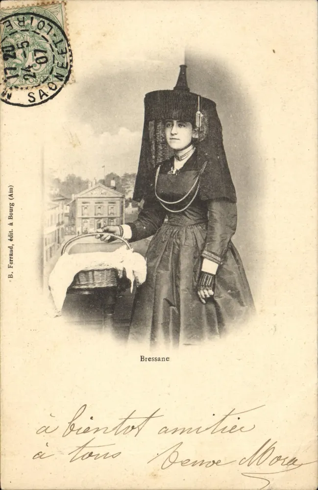 Bressane — femme en costume traditionnel tenant un panier — B. Ferraud, édit. à Bourg (Ain) - Frente
