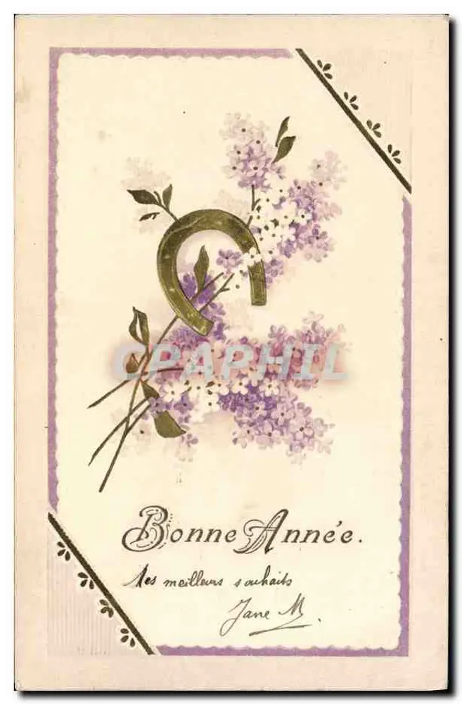 Lilas y bata de montar — Feliz Año — Jane M. — Tarjeta postal francesa - Anverso