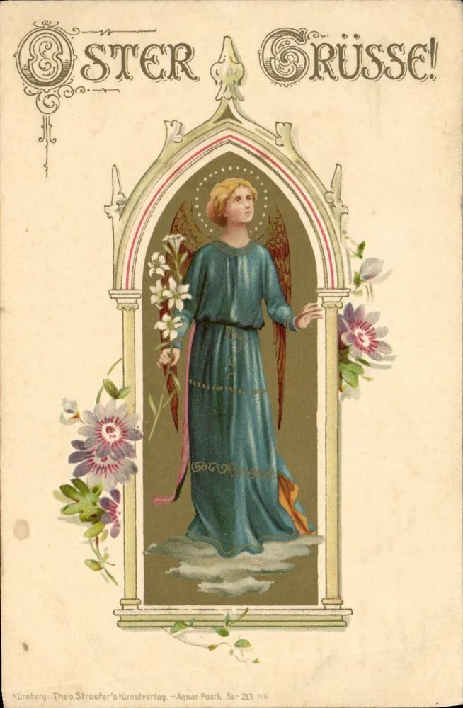 Anjo com flores — Núremberg, Theo. Stroefers Kunstverlag, Série 213 N.II - Frente