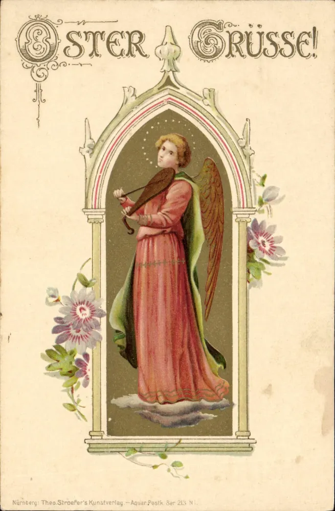 Anjo com flores — Ostergrüsse! — Theo. Stroefers Kunstverlag, Série 213 N.I. - Frente