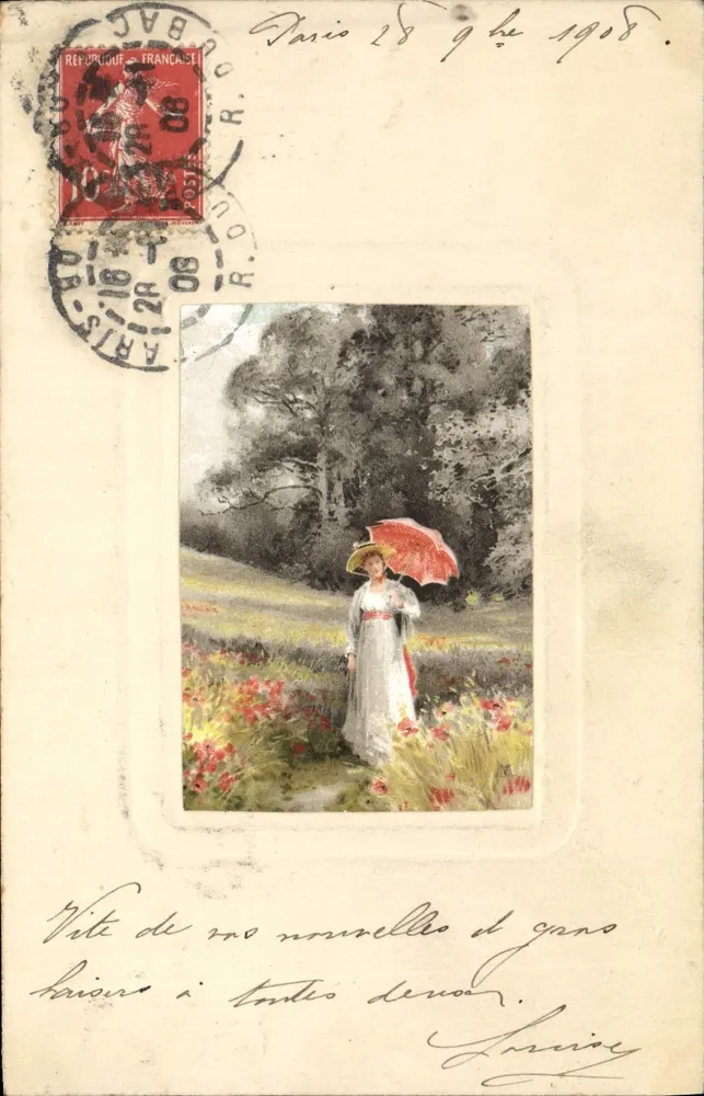 Frau mit rotem Regenschirm — Blumenfeld — unbekannter Verlag - Vorderseite