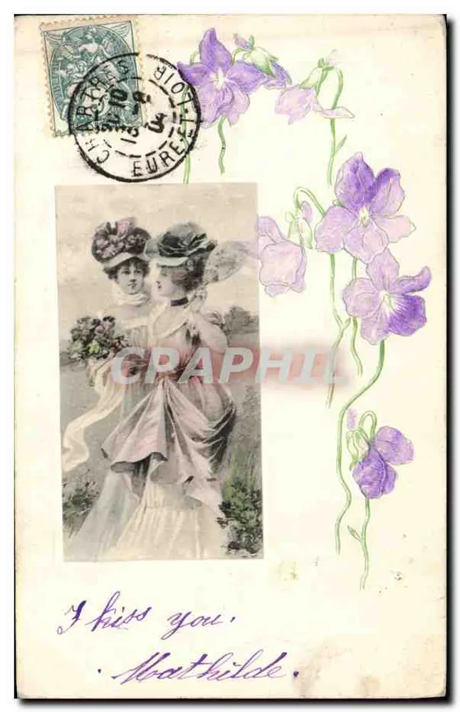 Zwei junge Frauen in Kleid und Hut — Illustration — Verlag nicht sichtbar - Vorderseite