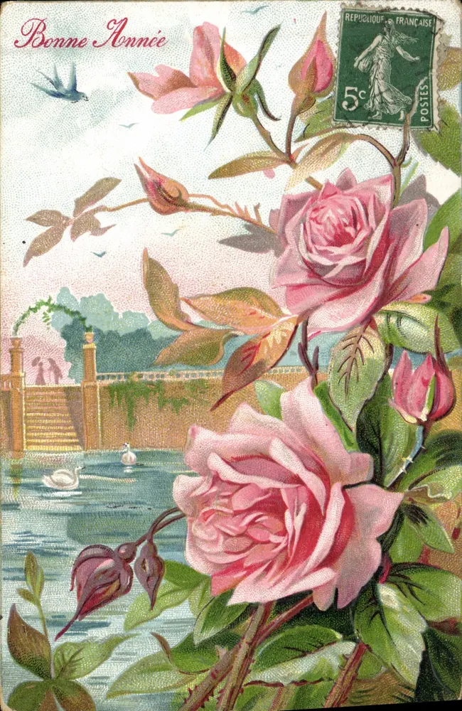 Rosas e lago — Boa Ano — República Francesa 5c - Frente