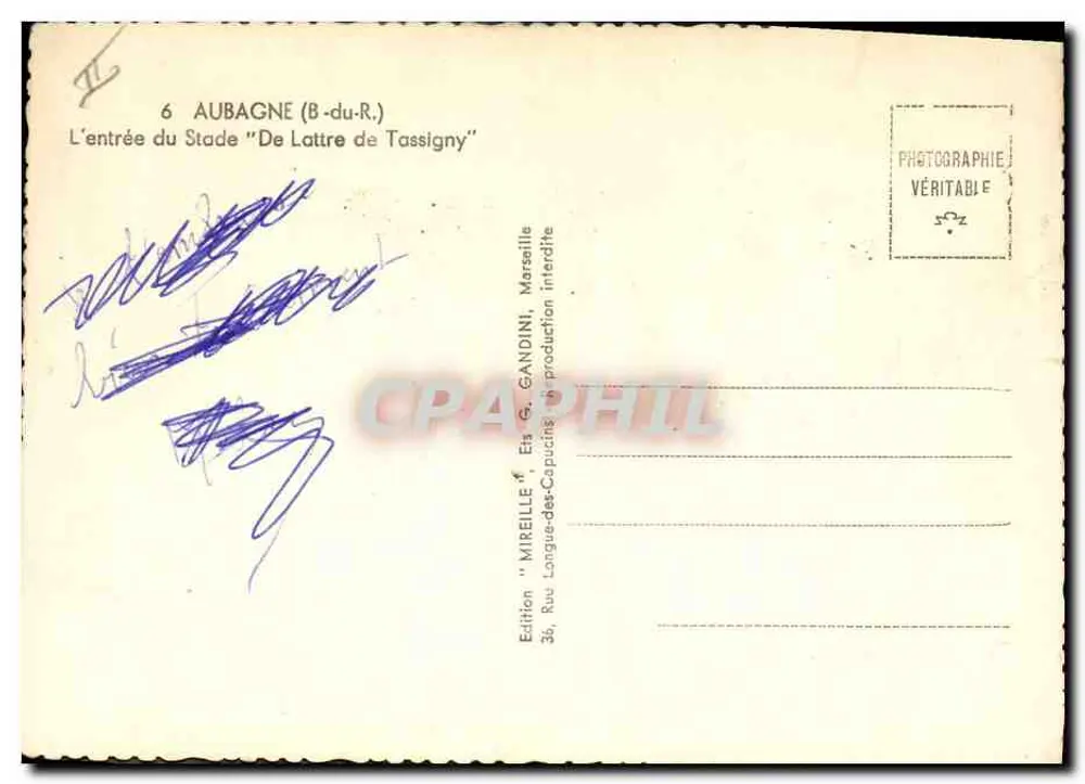 Aubagne — Eingang zum Stadion 'De Lattre de Tassigny' — Mireille, Marseille - Rückseite
