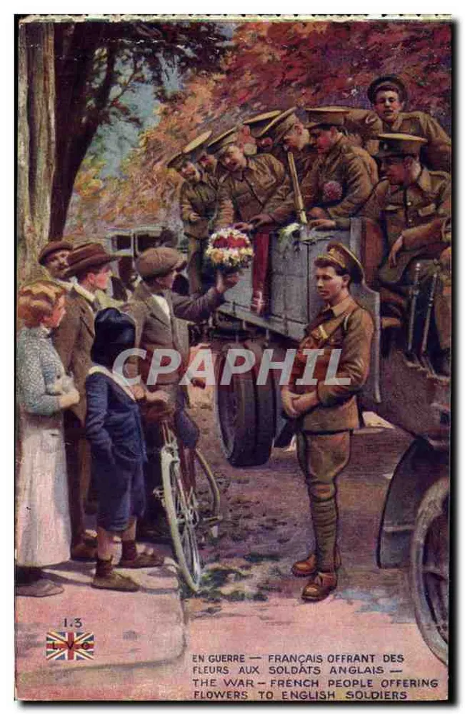 Franzose, der Blumen an englische Soldaten gibt — Krieg — Verlag LVC, Nr. 13 - Vorderseite