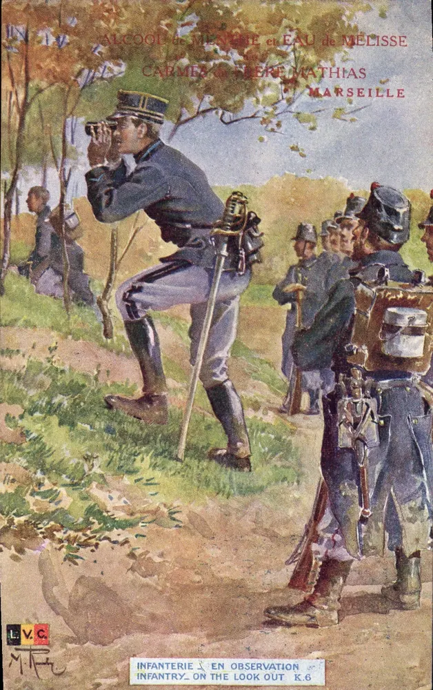 Infanteria em observação — soldados em uniforme de campanha — editor L.V.C. e Frère Mathias Marseille - Frente