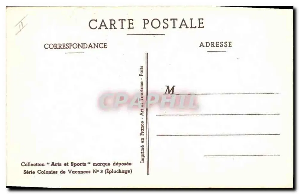 Crianças descascando maçãs — Coleção 'Artes e Esportes' — Impresso na França, Série Colônias de Férias N°3 (Descascamento) - Verso