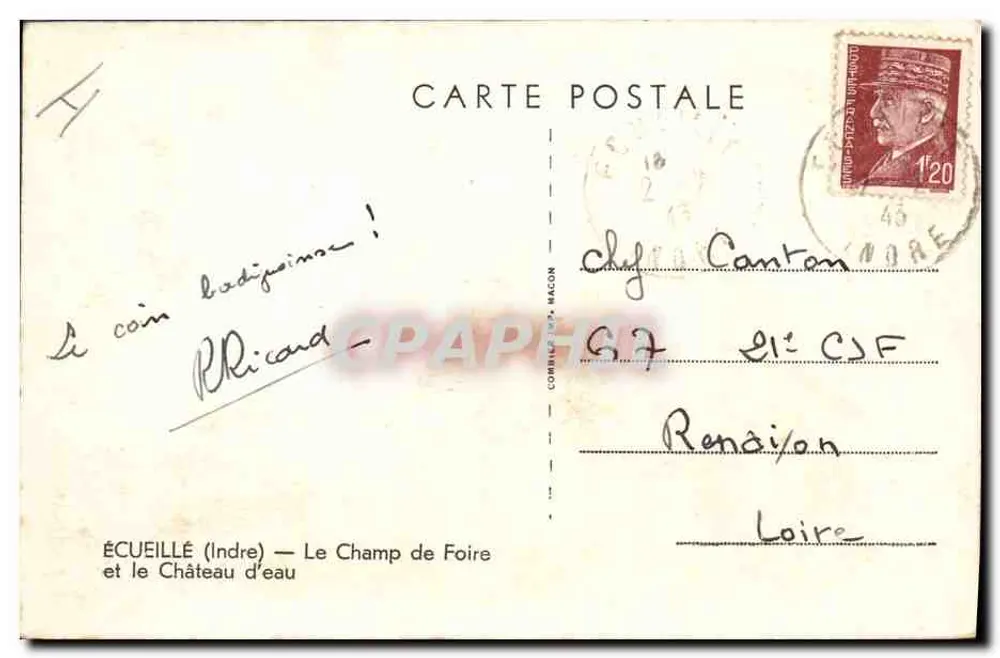 Écueillé (Indre) — Ansicht des Marktplatzes und der Wasseruhr — Verleger C. Poy - Rückseite