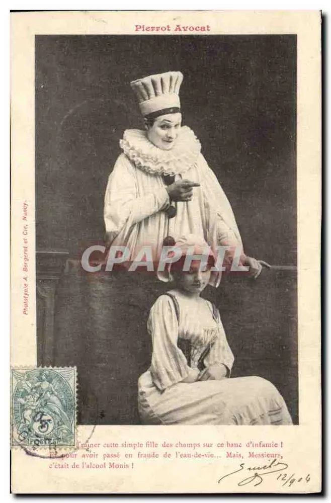 Pierrot Advogado — cena cômica com jovem menina — Fototipia A. Bergeret e Cie, Nancy - Frente