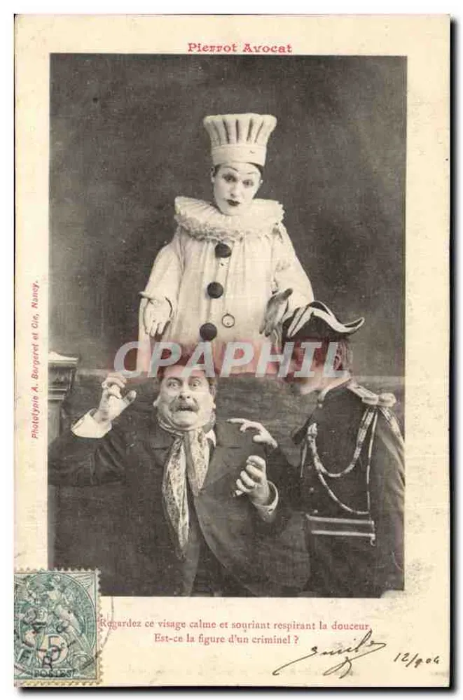 Pierrot Advogado — cena cômica — Fotógrafo A. Bergeret e Cia, Nancy - Frente