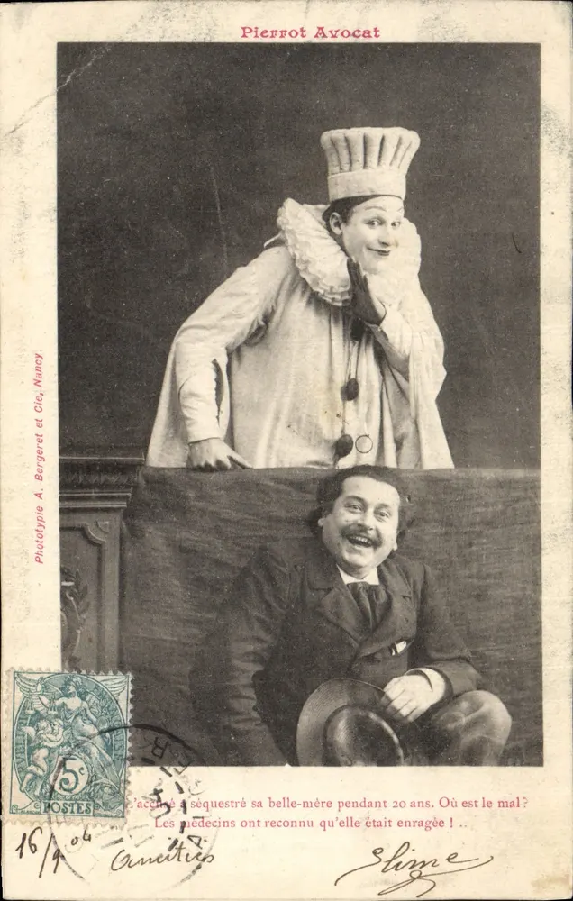 Pierrot Advogado — cena cômica com homem em traje de palhaço e homem em traje de cidade — Fototipia A. Bergeret e Cia, Nancy - Frente