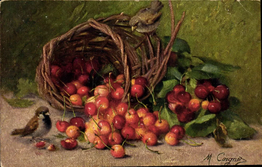 Cerejas — Natureza morta com pássaros — M. Coignier - Frente