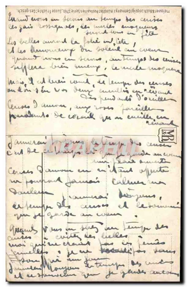 Cerejas — Natureza morta com pássaros — M. Coignier - Verso